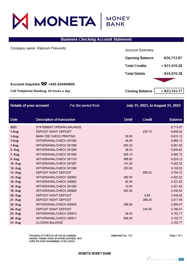 Download Moneta Money Bank firm account statement Word and PDF template Photoshop template